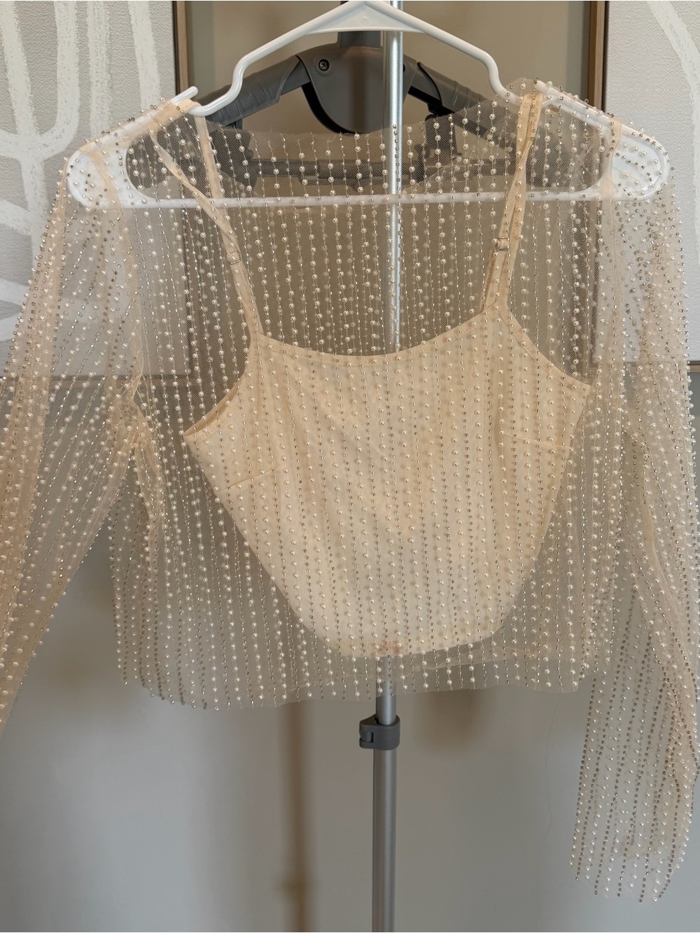 Altar'd State Cream Sheer Beaded Overlay with Spaghetti-Strap Camisole
